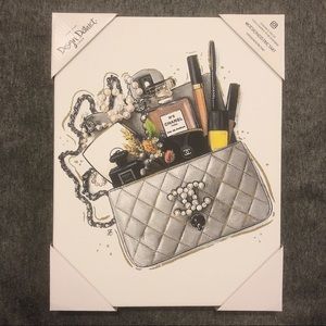 Designer Themed Canvas Wall Art - Grey Purse with Pearl & Cosmetics